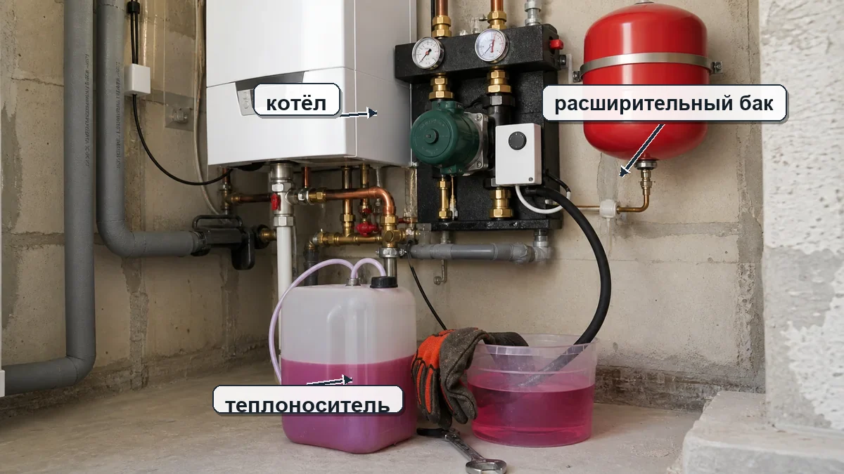 Система отопления с котлом, расширительным баком и теплоносителем-антифризом