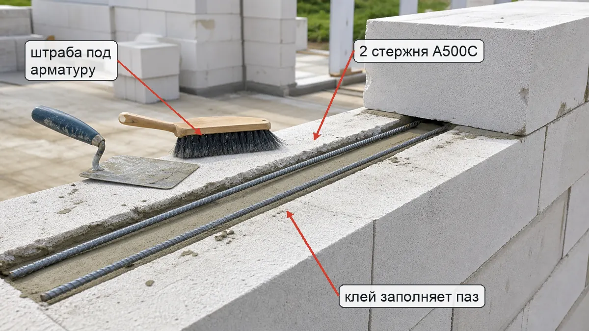 Армирование кладки из газобетона: штраба, два стержня A500C и заполнение паза клеем