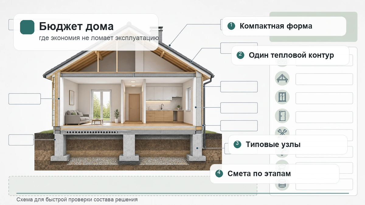 Инфографика про бюджетный дом: форма, тепловой контур, типовые узлы и смета по этапам