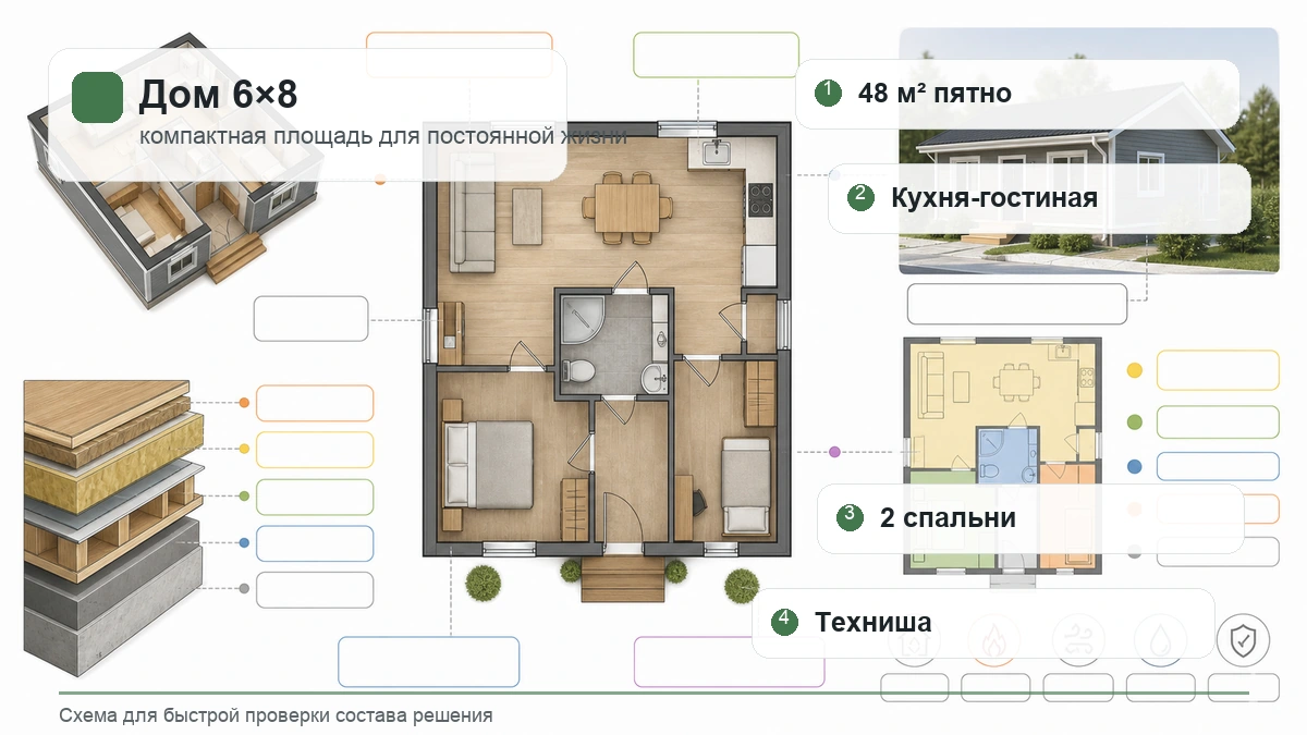Инфографика дома 6 на 8: пятно застройки, кухня-гостиная, спальни и техническая ниша
