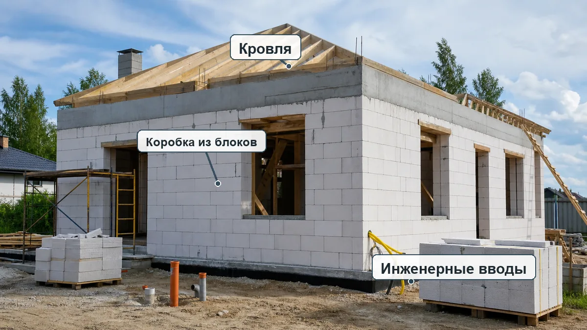 Коробка дома из газобетона с кровлей, проёмами и инженерными вводами на стройке