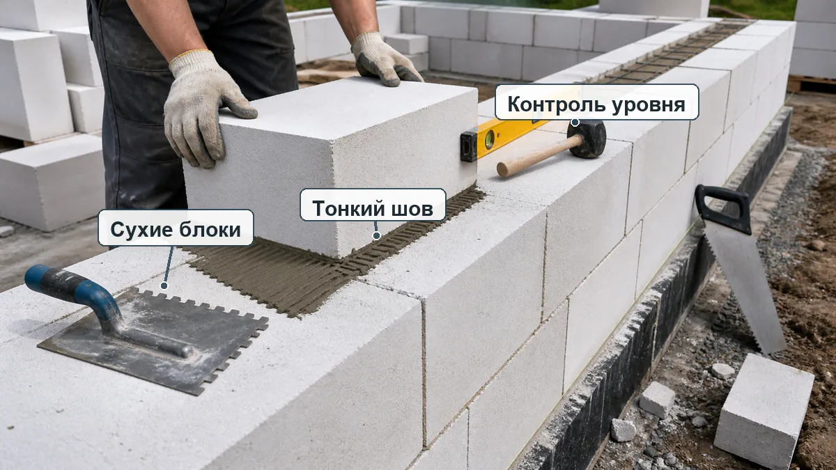 Кладка газобетонных блоков своими руками с контролем уровня, тонким швом и инструментом