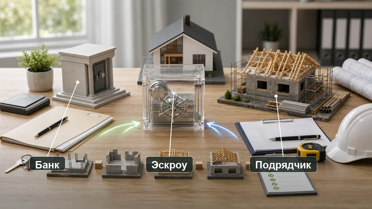 Схема эскроу при ИЖС: банк, счёт эскроу и подрядчик на строительстве дома