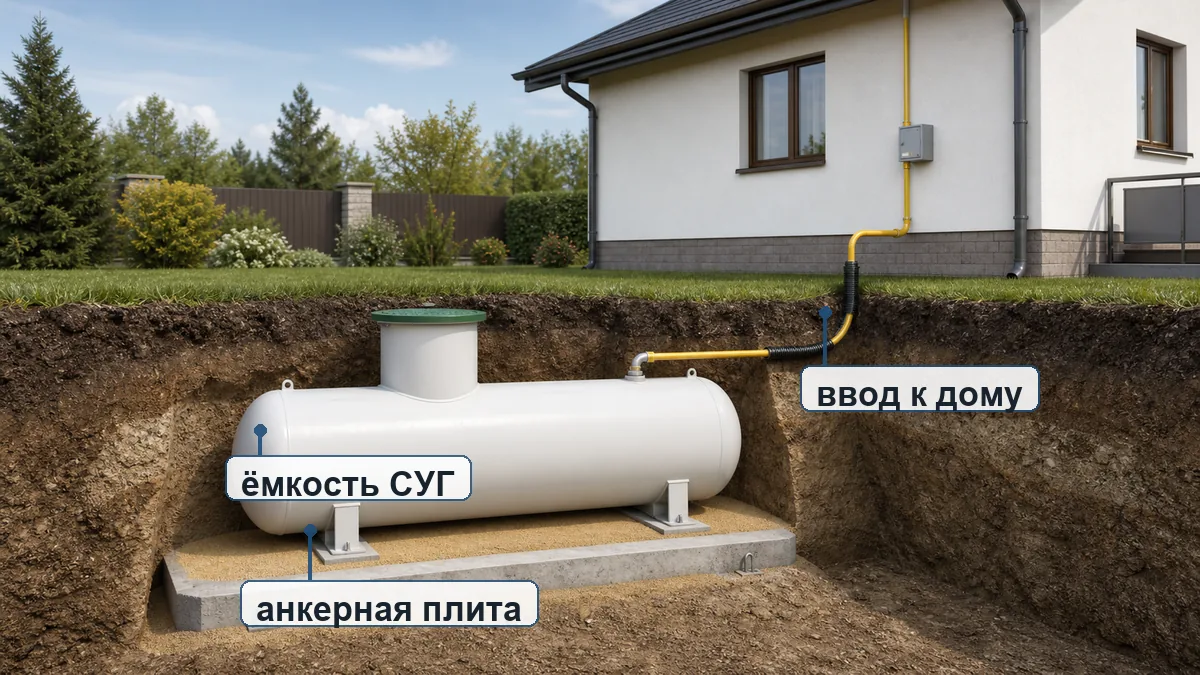Схема газгольдера на участке: подземная ёмкость СУГ, анкерная плита и ввод газа к дому