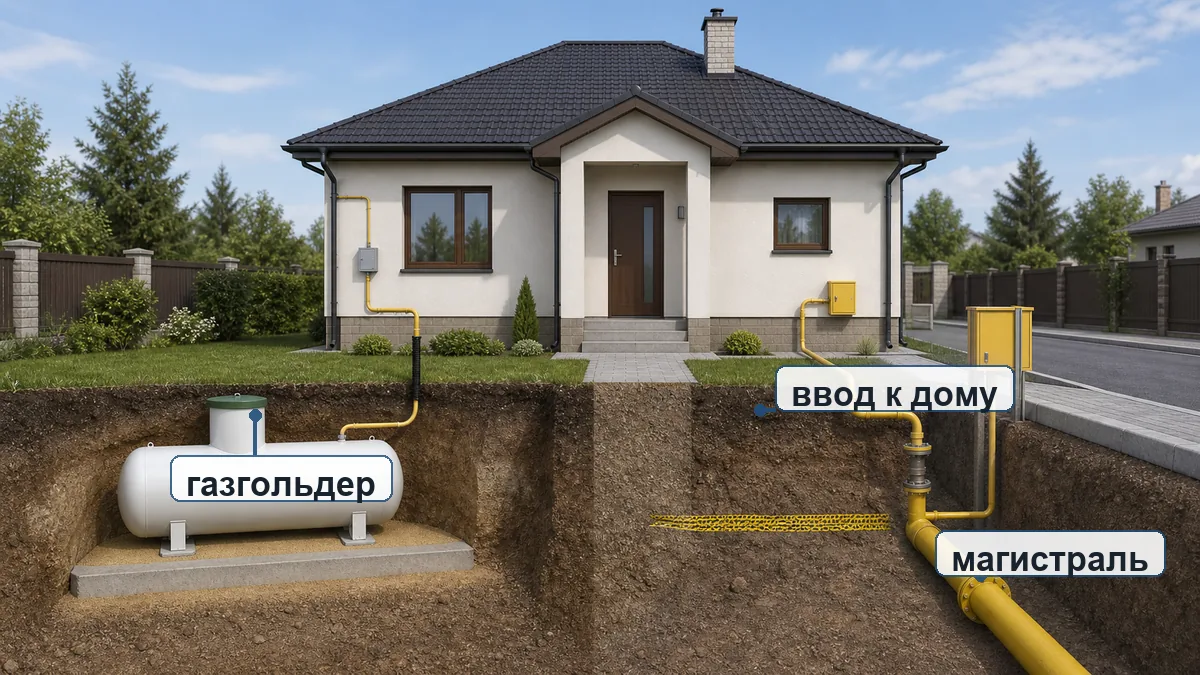 Сравнение газгольдера и магистрального газа: ёмкость СУГ, уличная труба и ввод к дому