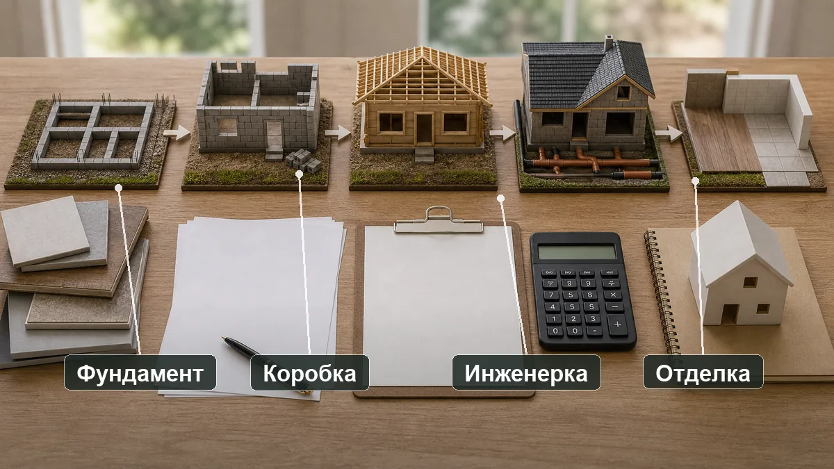 Схема графика платежей: фундамент, коробка, инженерные сети и отделка