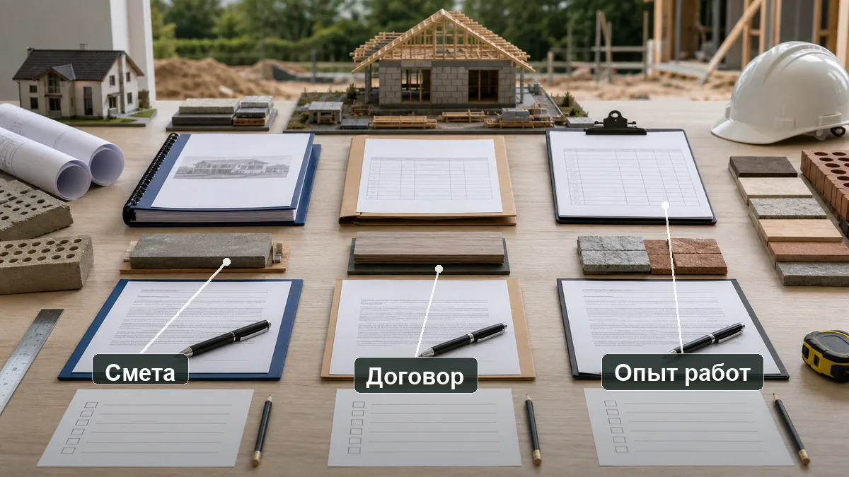 Инфографика выбора подрядчика: смета, договор и подтверждённый опыт работ на стройке