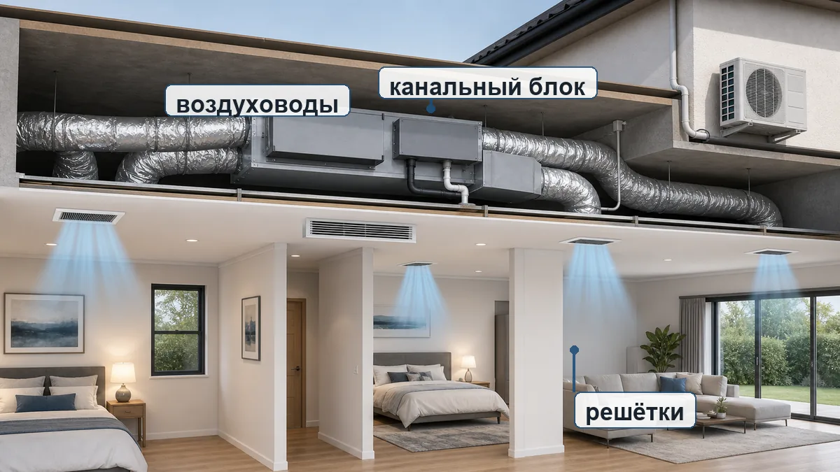 Канальный кондиционер в доме: скрытый внутренний блок, воздуховоды и потолочные решётки
