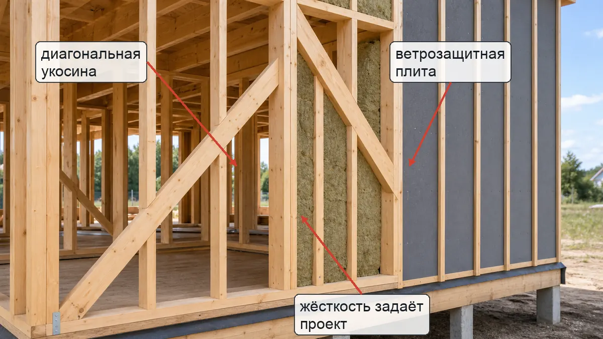 Каркасный дом без ОСП с диагональной укосиной, ветрозащитной плитой и минеральным утеплением