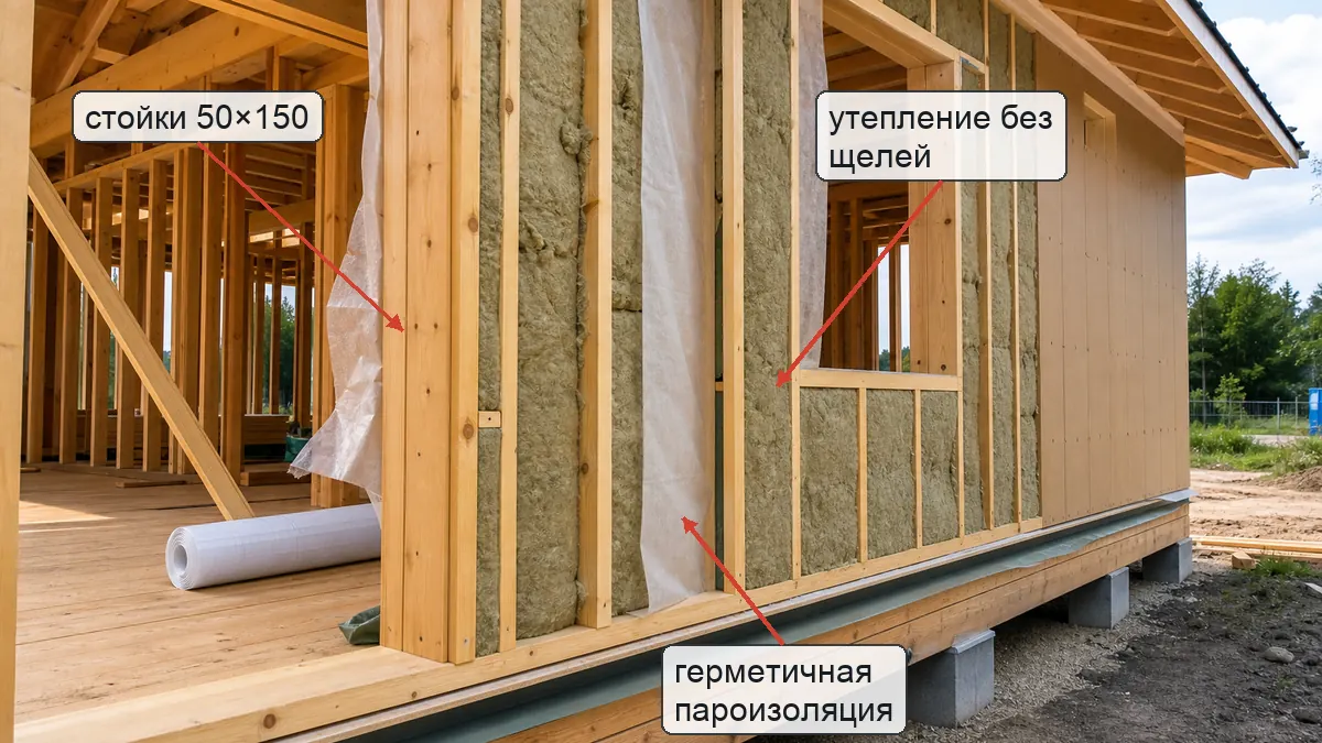 Каркасный дом для постоянного проживания со стойками 50 на 150, утеплением и пароизоляцией