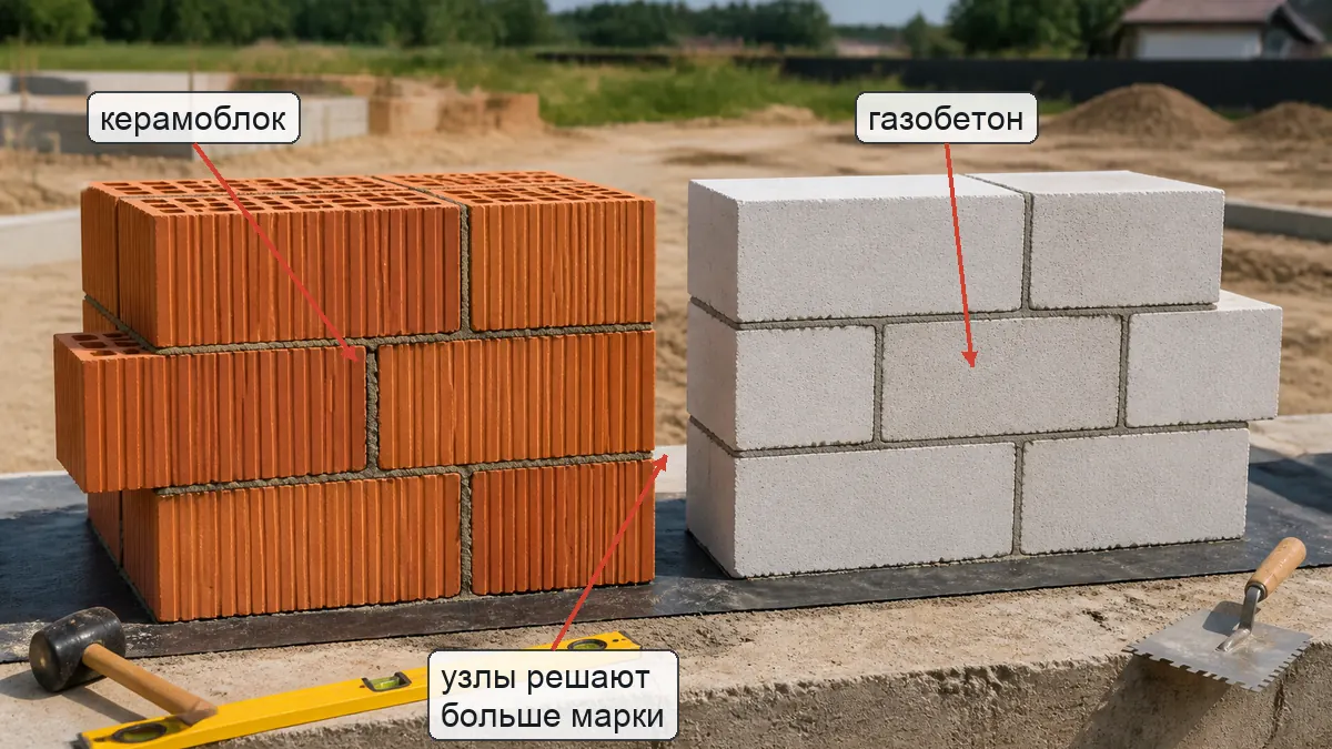 Сравнение кладки из керамоблока и газобетона на строительной площадке с указанием ключевых узлов