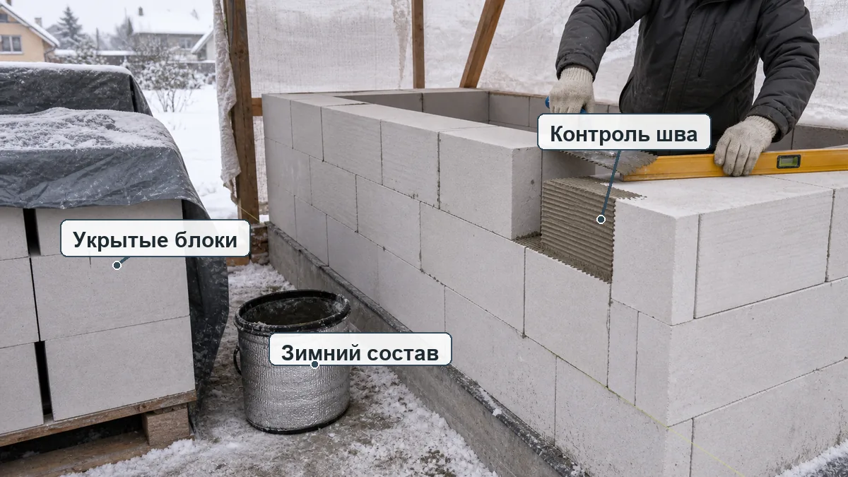 Зимняя кладка газобетонных блоков под укрытием с сухими блоками и контролем шва