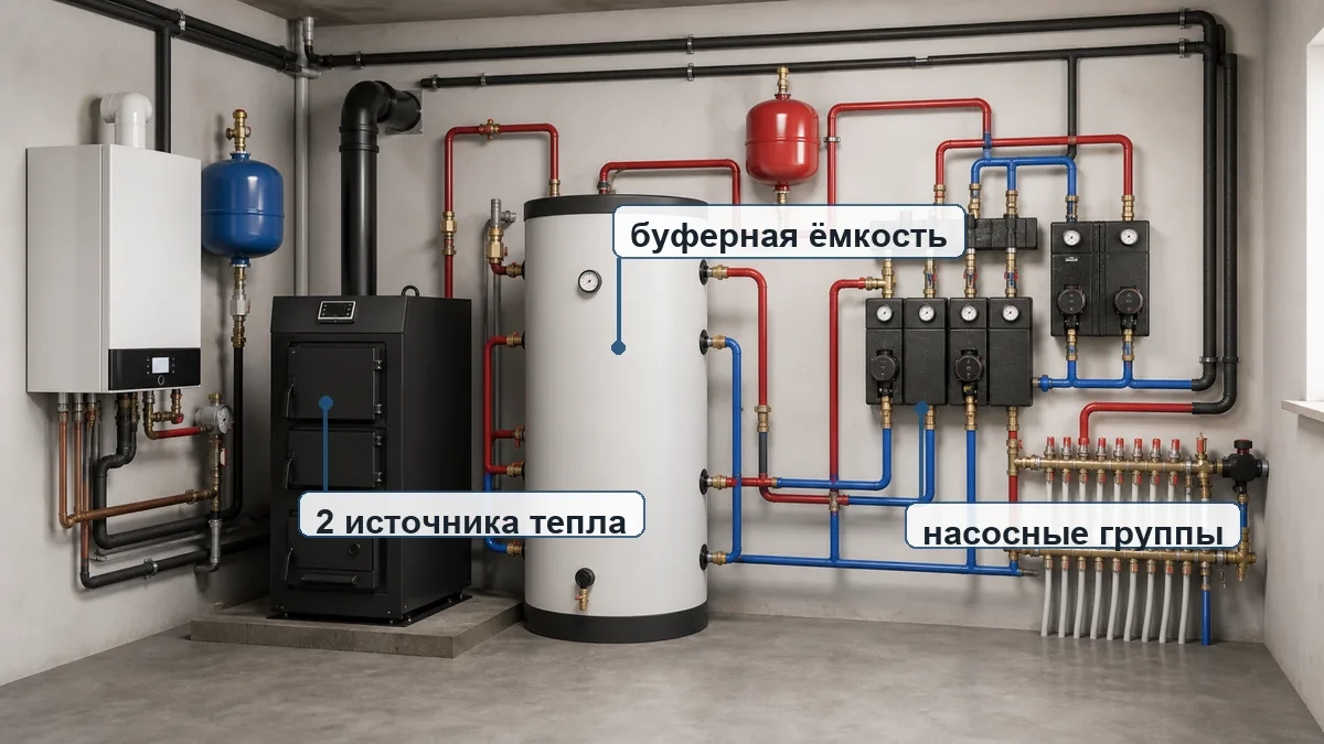 Комбинированное отопление дома: два источника тепла, буферная ёмкость и насосные группы