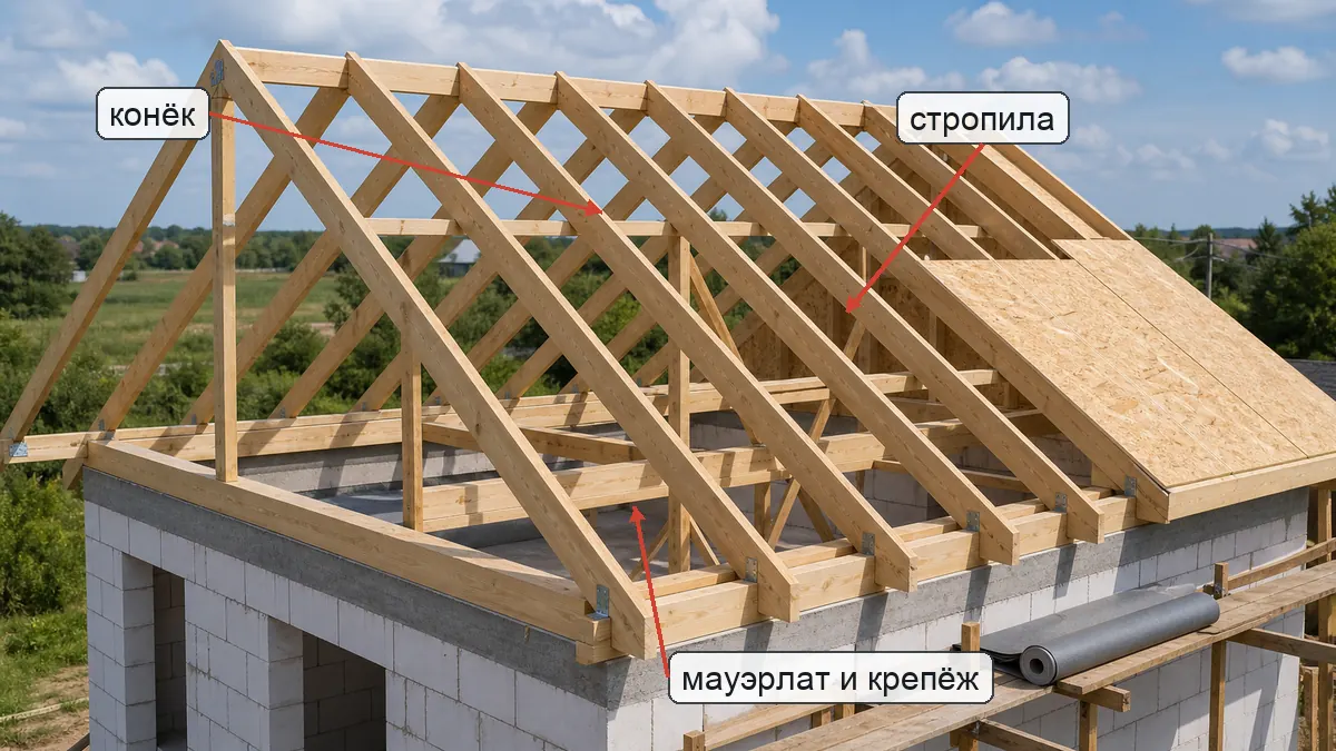 Стропильная система крыши частного дома с коньком, стропилами, мауэрлатом и крепежом
