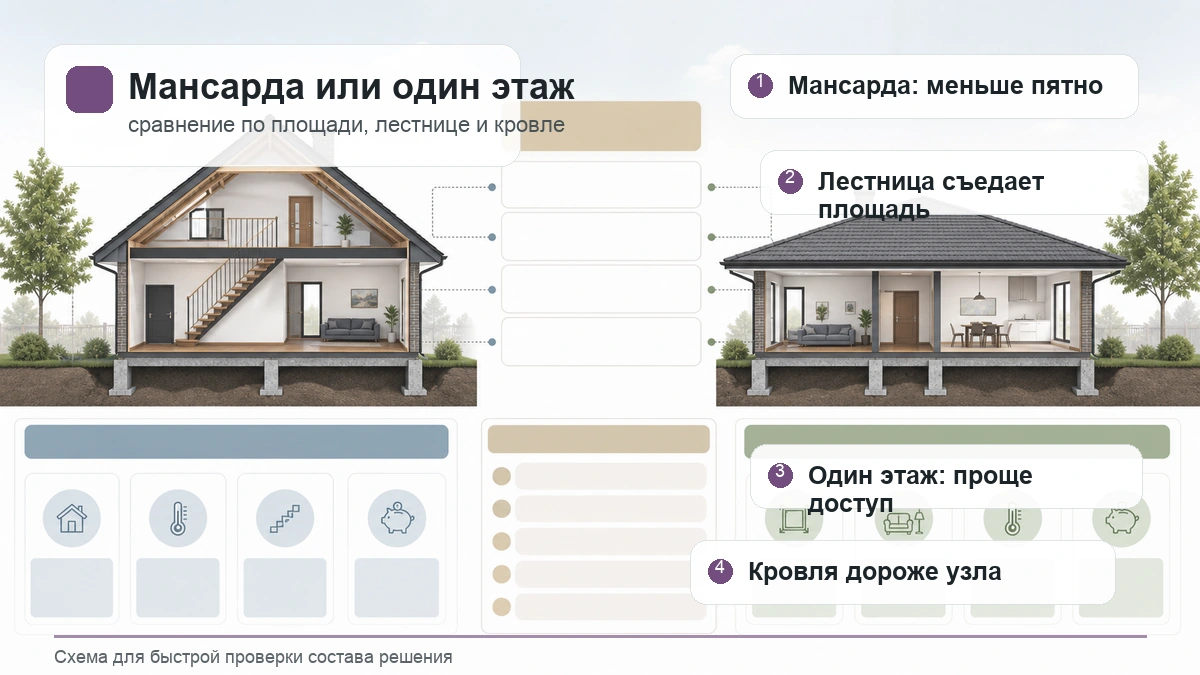 Сравнение дома с мансардой и одноэтажного дома по пятну, лестнице, доступу и кровле