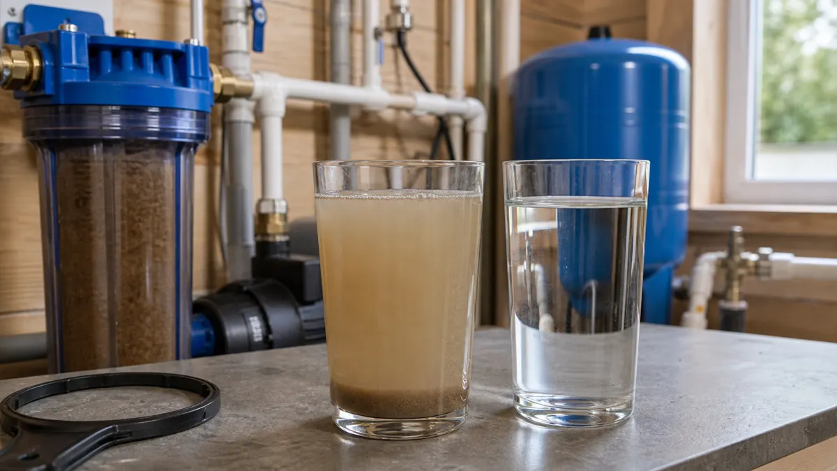 Проба мутной воды из скважины рядом с фильтрами водоподготовки