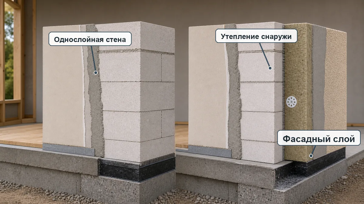 Сравнение однослойной газобетонной стены и стены с наружным утеплением и фасадом