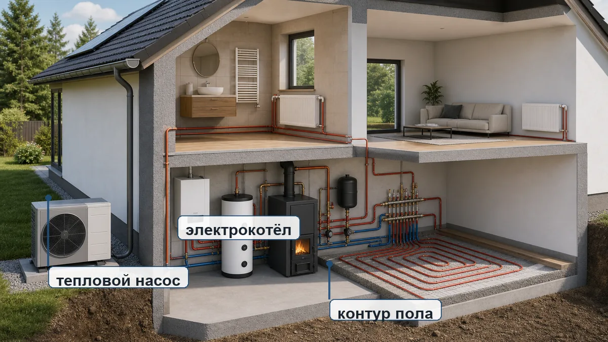 Схема отопления дома без газа: тепловой насос, электрокотёл, котёл на твёрдом топливе и тёплый пол