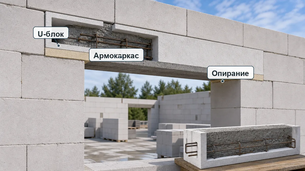 Перемычка из U-блоков с армокаркасом над проёмом в стене из газобетона