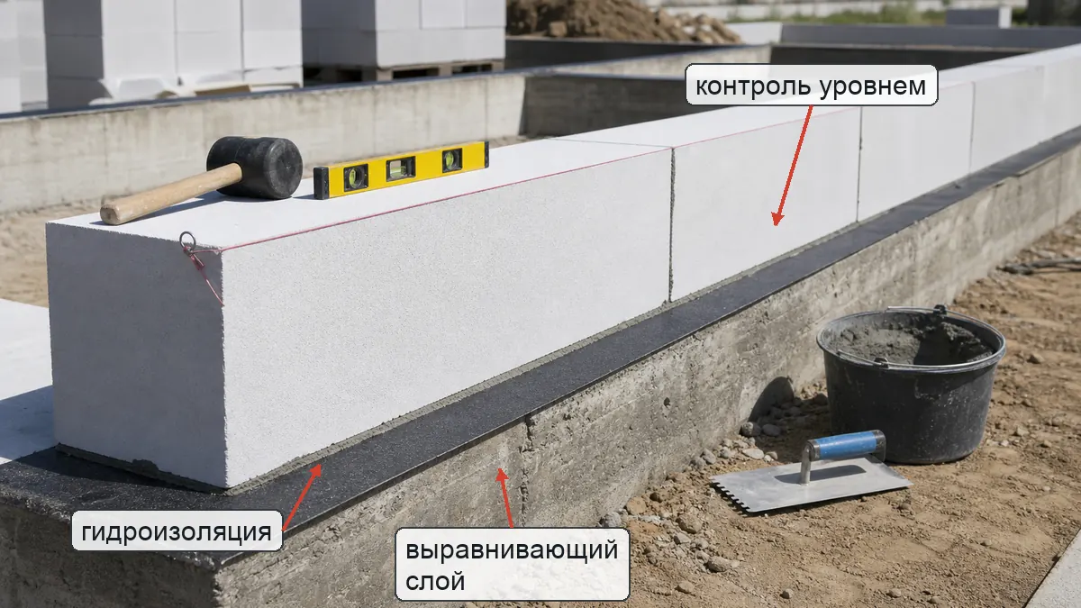 Первый ряд газобетона на фундаменте с гидроизоляцией, выравнивающим слоем и контролем уровня