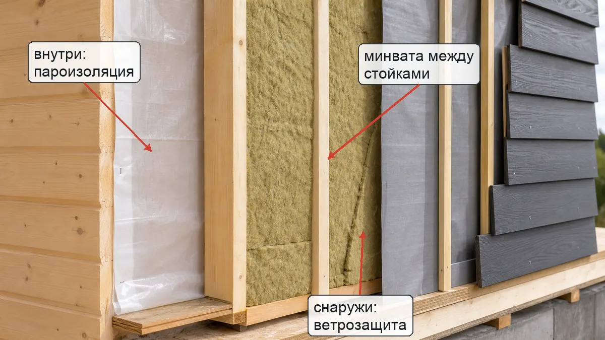 Пирог стены каркасного дома: внутренняя пароизоляция, минвата между стойками и наружная ветрозащита