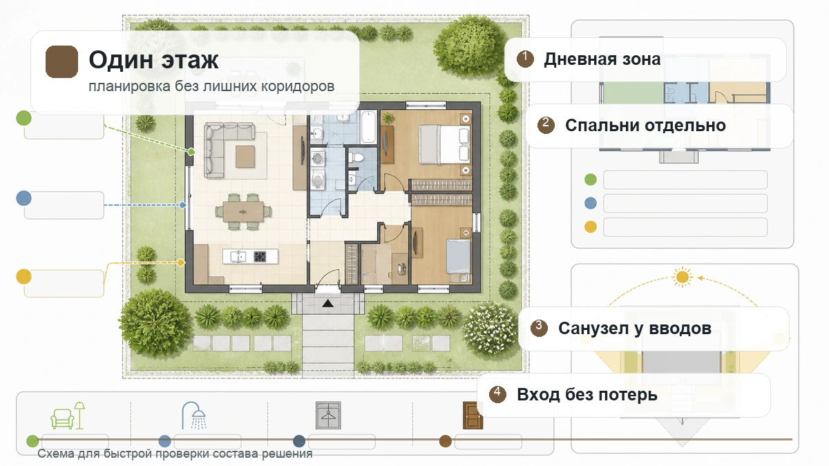 Схема планировки одноэтажного дома: дневная зона, спальни, санузел и входная группа