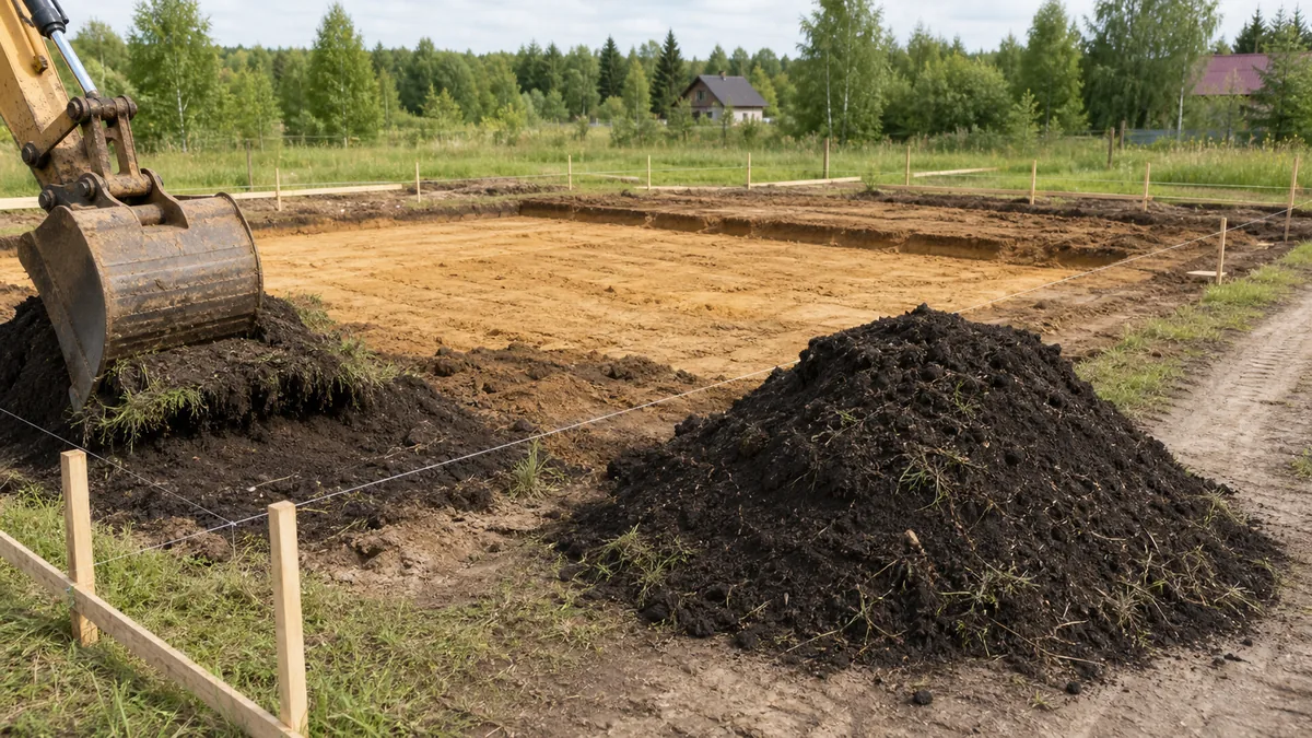 Снятие плодородного слоя с пятна дома и отдельный бурт грунта на участке