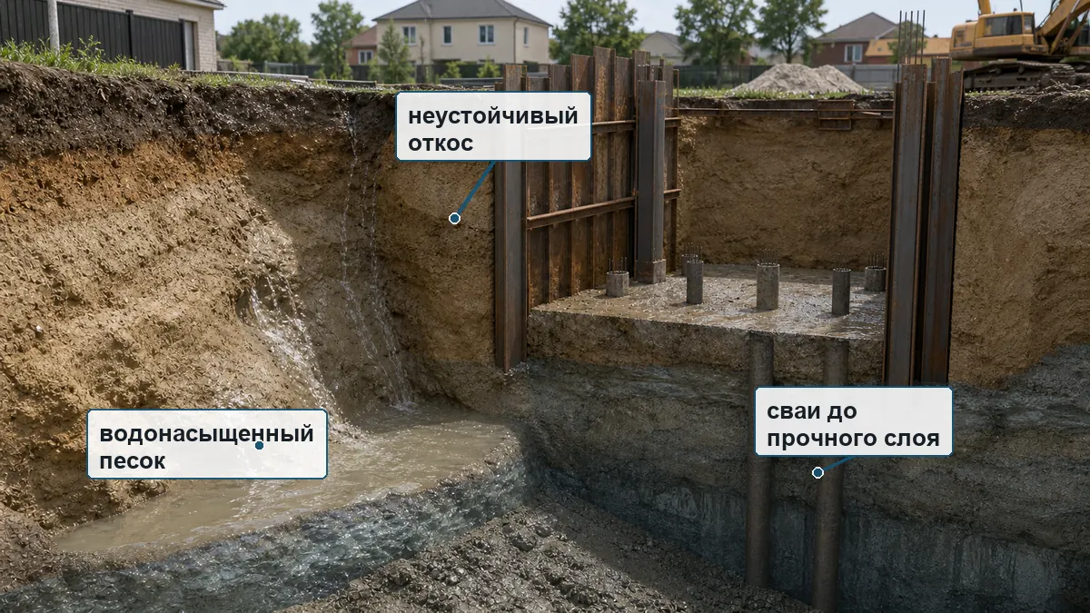 Схема плывуна на участке с водонасыщенным песком, неустойчивым откосом и сваями