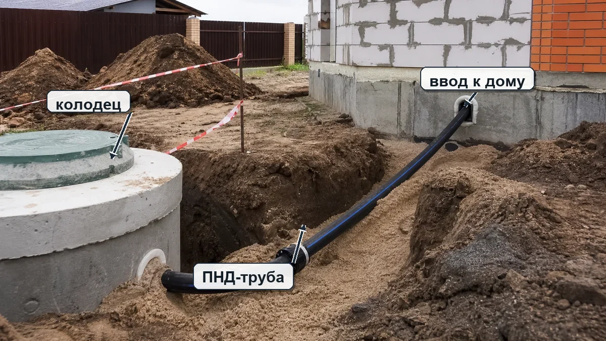 ПНД-труба водопровода от колодца к вводу в фундамент дома