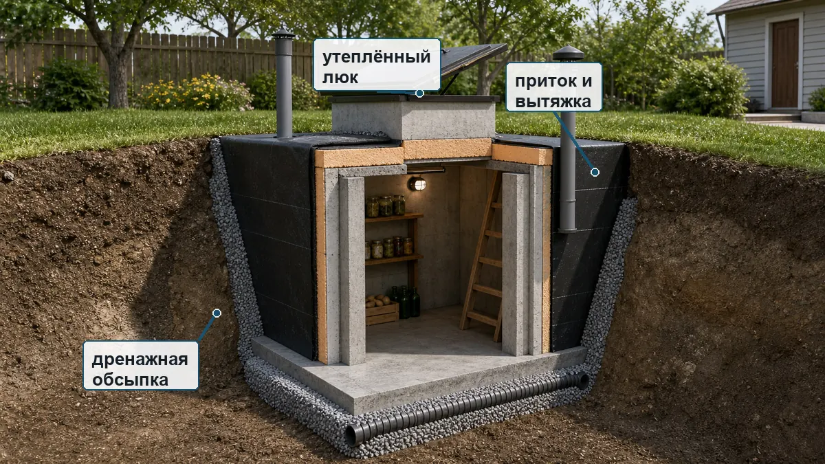 Схема отдельного погреба на участке с люком, вентиляцией и дренажной обсыпкой