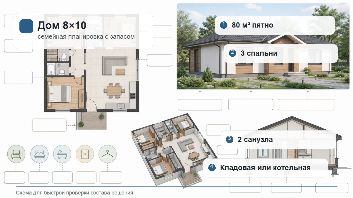 Схема дома 8 на 10 для семьи: спальни, санузлы, общая зона и хозяйственный блок