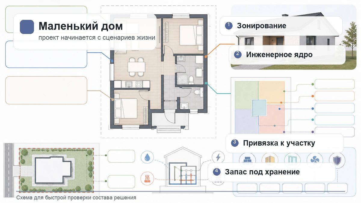 Инфографика проекта маленького дома: зонирование, инженерное ядро, участок и места хранения