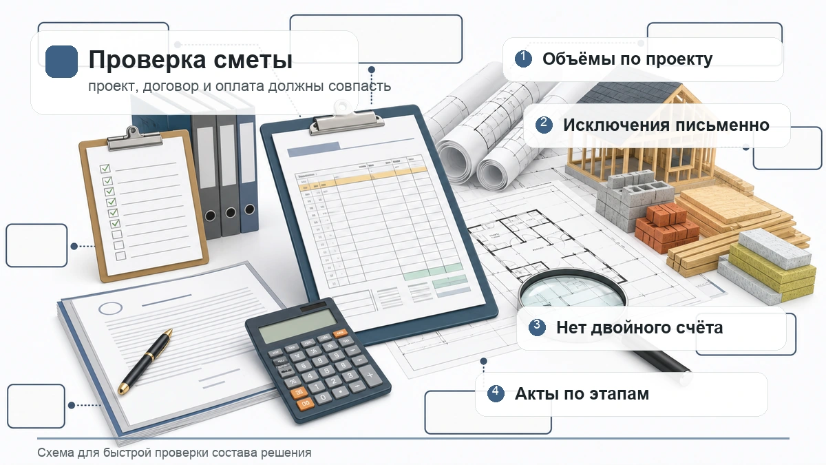 Инфографика проверки сметы подрядчика: объёмы, исключения, двойной счёт и акты этапов
