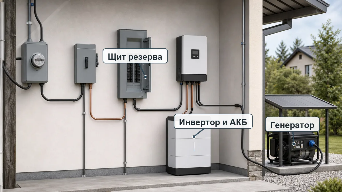 Схема резервного питания частного дома с щитом, инвертором, аккумуляторами и генератором