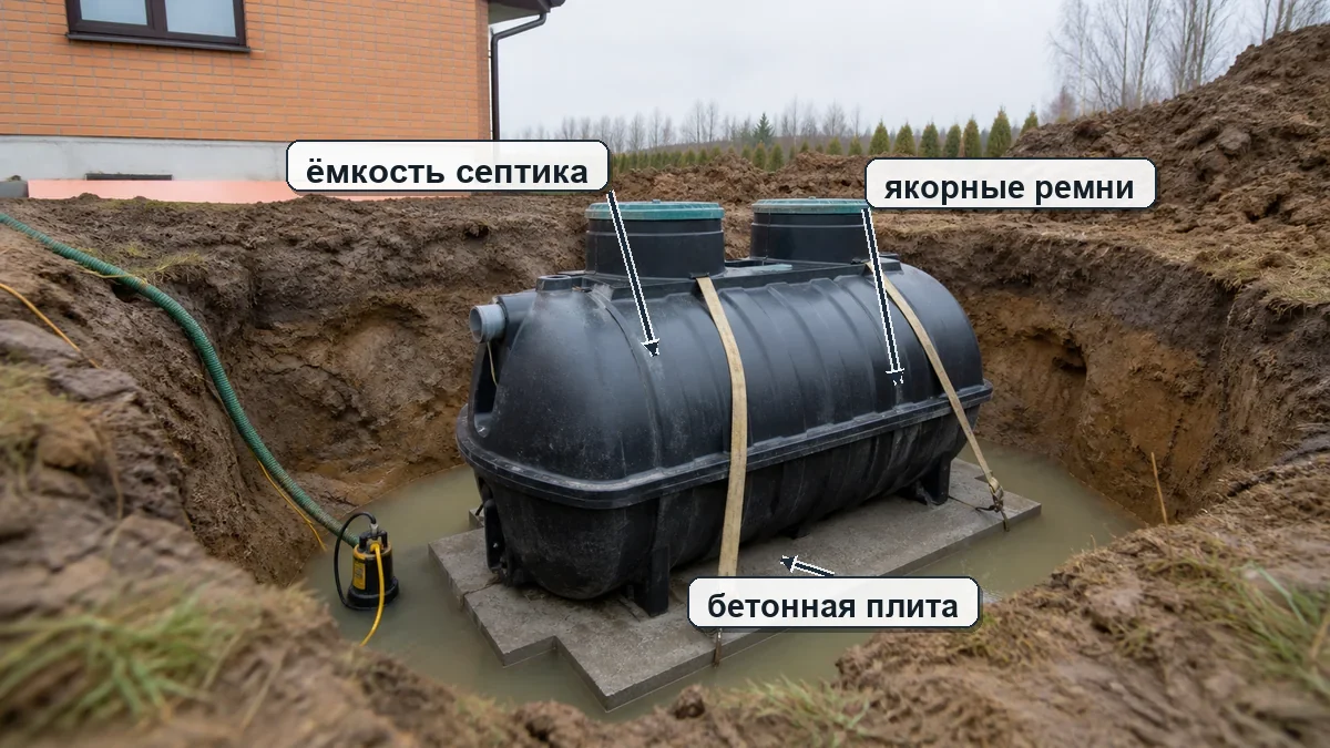 Герметичная ёмкость септика закреплена якорными ремнями на бетонной плите