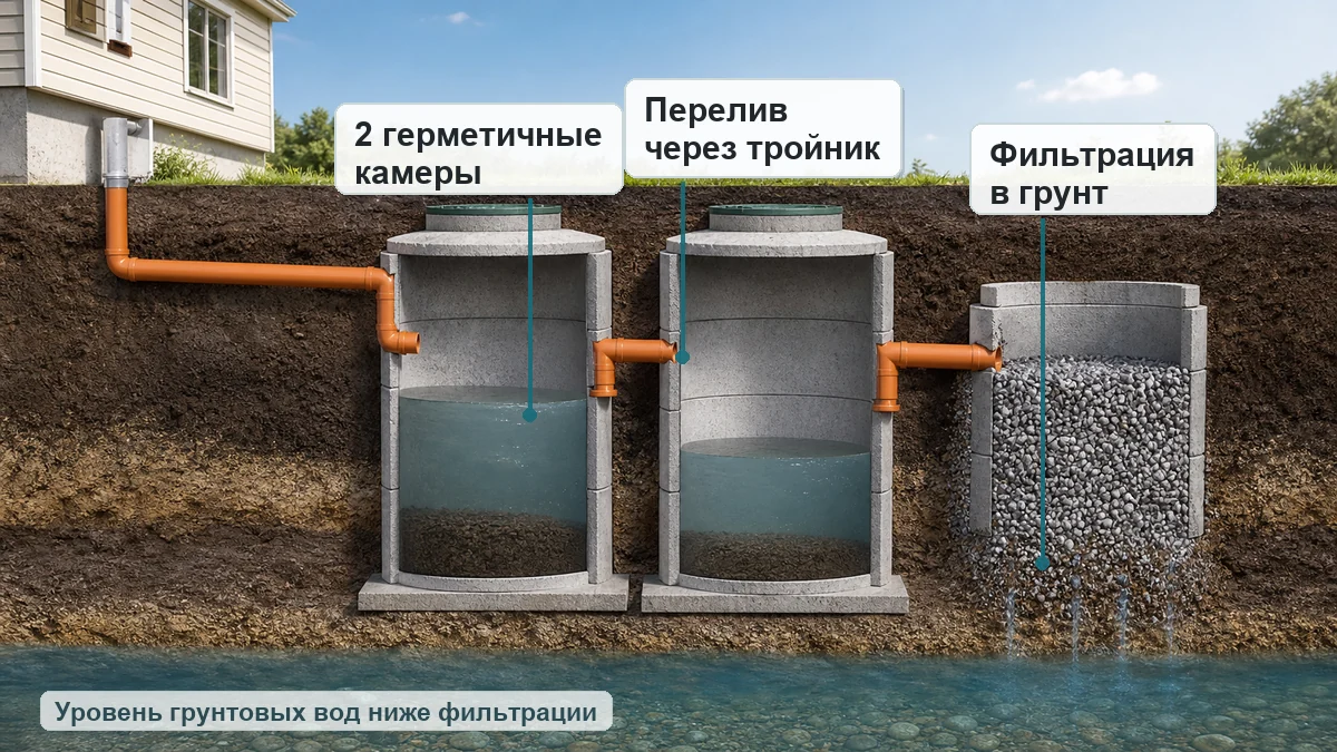 Схема септика из железобетонных колец с камерами, переливом и фильтрацией