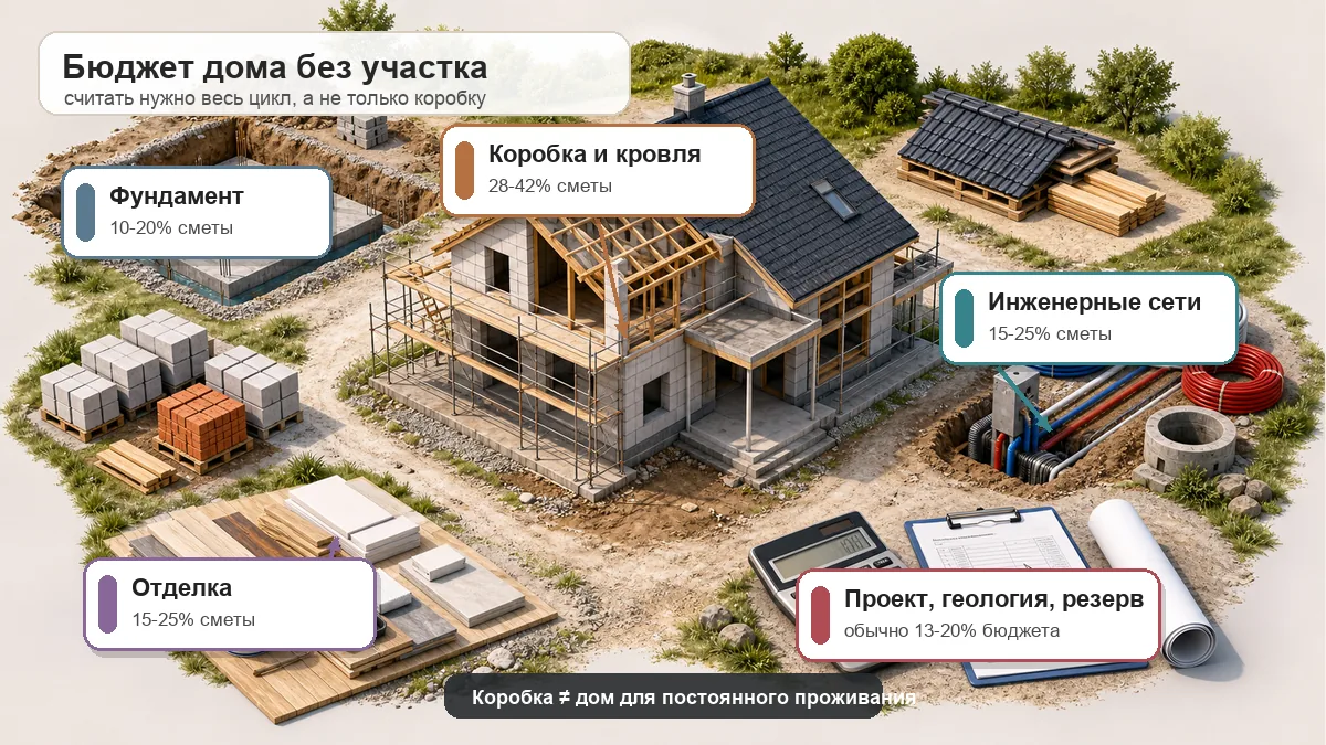 Инфографика бюджета строительства дома: фундамент, коробка, инженерные сети, отделка и резерв