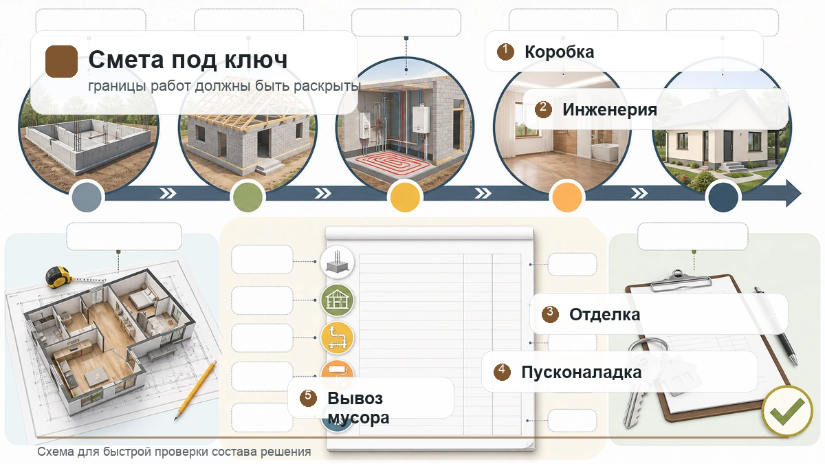 Схема сметы на дом под ключ: коробка, инженерия, отделка, пусконаладка и мусор