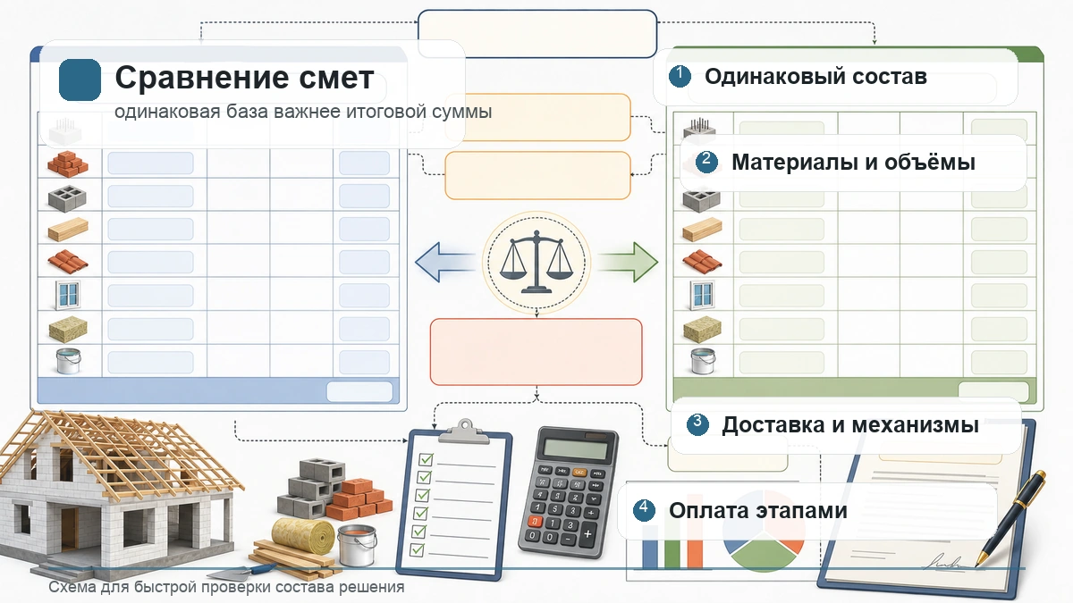 Инфографика сравнения смет: состав работ, материалы, доставка, механизмы и этапы оплаты