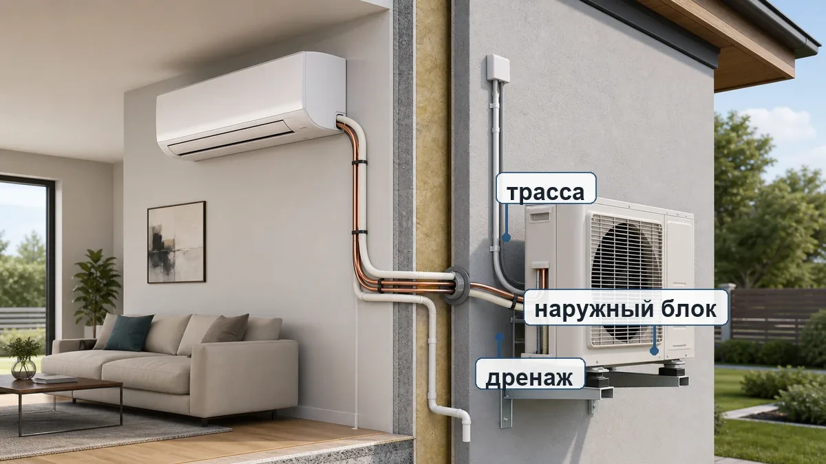 Установка кондиционера в частном доме: наружный блок, трасса, дренаж и проход через стену