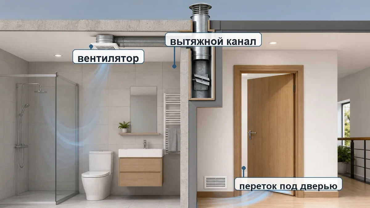 Вентиляция санузла в частном доме: вытяжной канал, вентилятор и переток воздуха под дверью