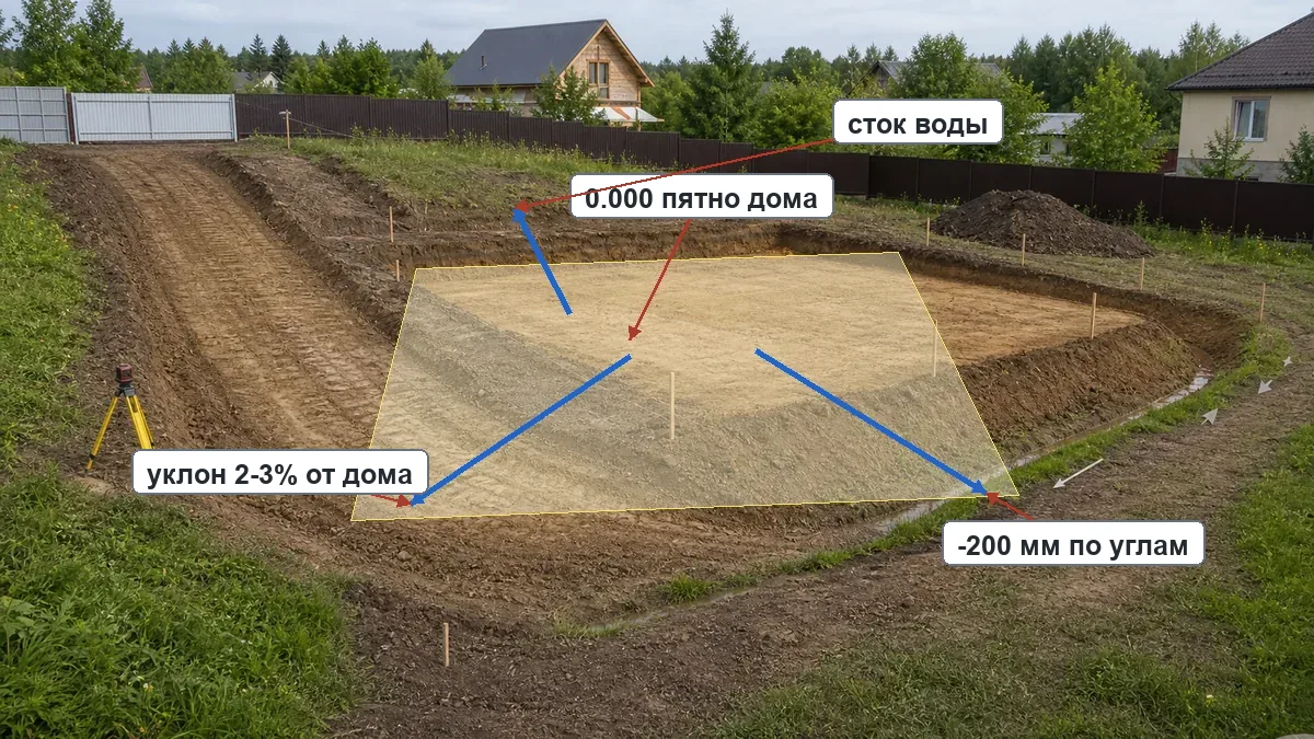 Вертикальная планировка участка с пятном дома, отметкой 0.000, понижением по углам и стрелками стока воды