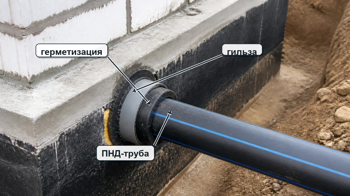 ПНД-труба водоснабжения проходит через гильзу с герметизацией в фундаменте
