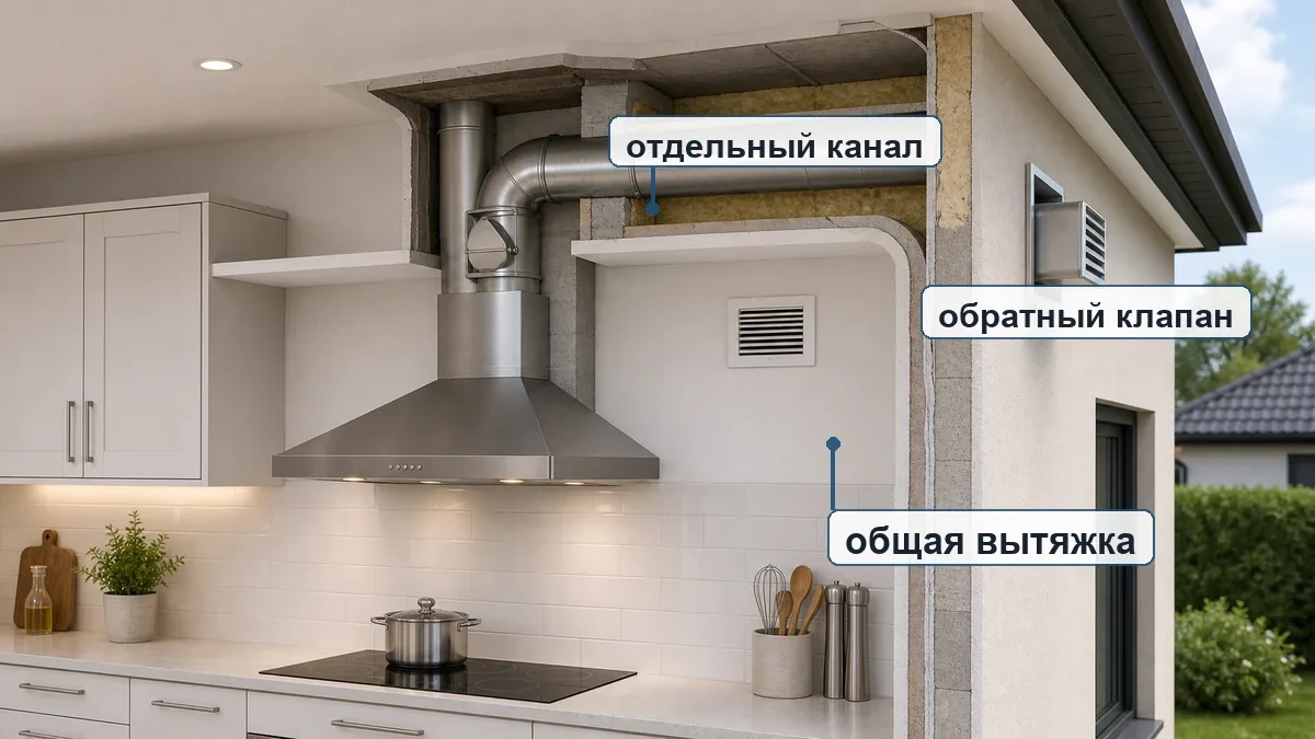 Кухонная вытяжка в частном доме: отдельный канал, обратный клапан и общая вытяжная решётка