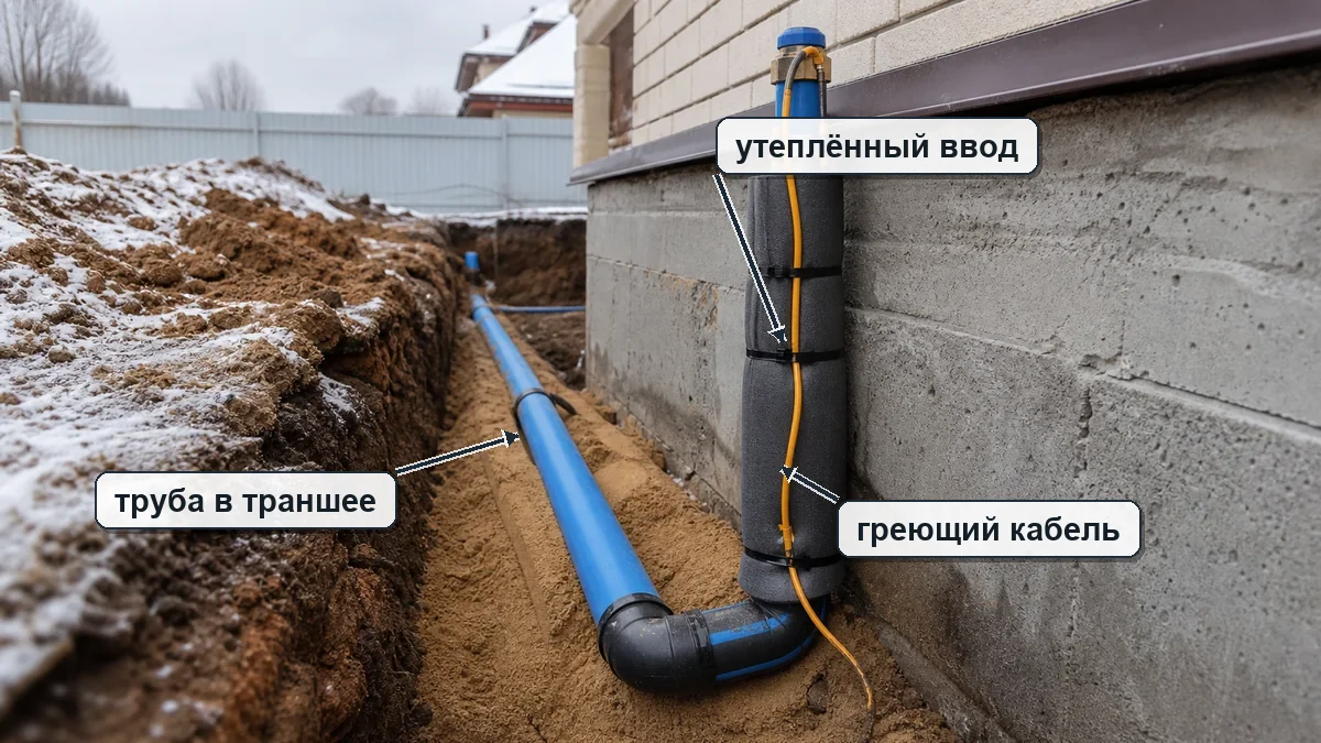 Водопроводная труба в траншее с утеплённым вводом и греющим кабелем