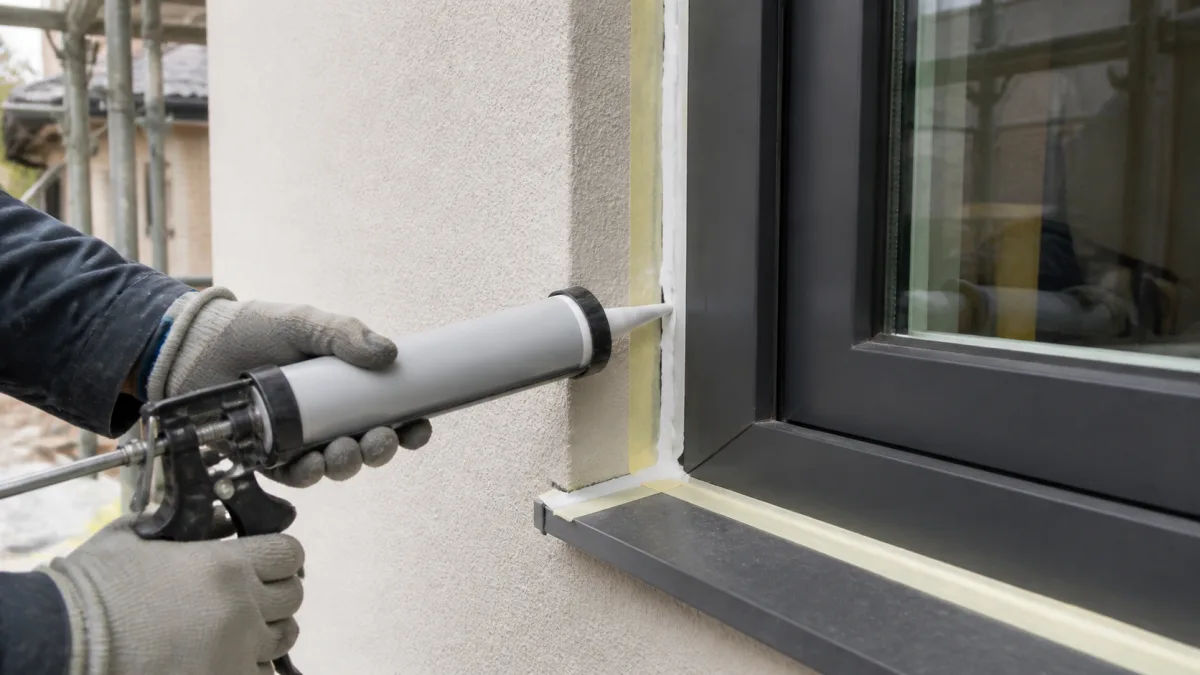 Нанесение герметика в оконный шов из картриджа