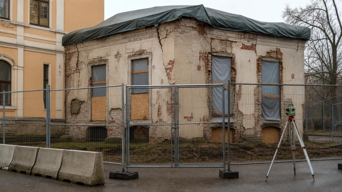 Поврежденное здание с ограждением и геодезическим прибором для оценки состояния