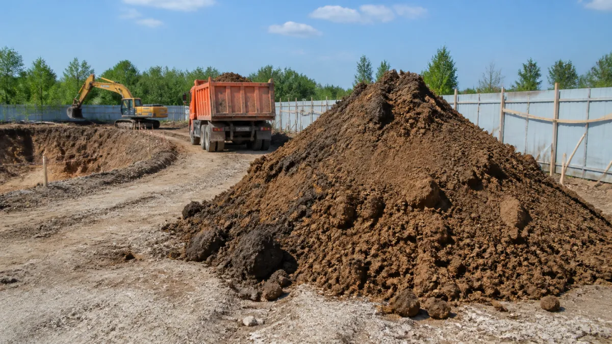 Рыхлый отвал грунта рядом с котлованом на строительной площадке