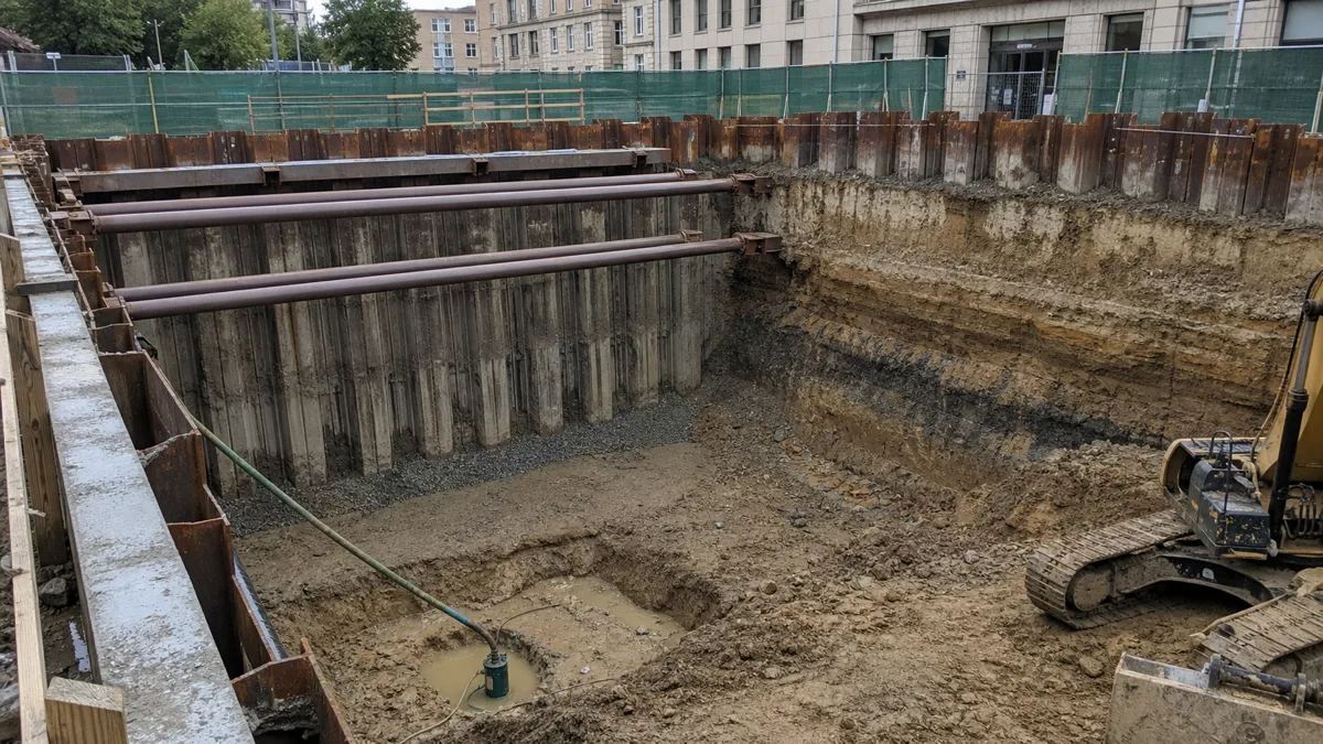 Глубокий котлован с металлическим ограждением, распорками и водопонижением рядом со зданием
